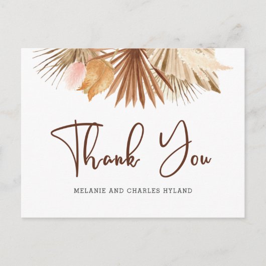 Modern Boho Pampas Grass Wedding Bedankt Postcar Briefkaart (Voorkant)