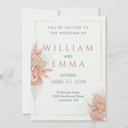 Modern Boho Pampas Grass Wedding Uitnodiging (Voorkant)