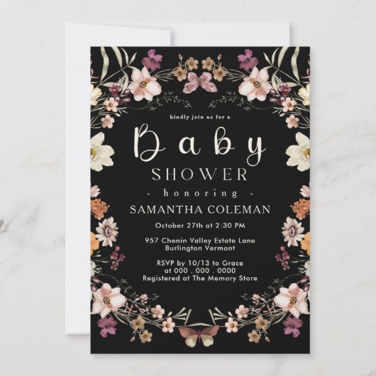 Modern Boho Pastel Wildflower Black Baby shower Kaart (Voorkant)