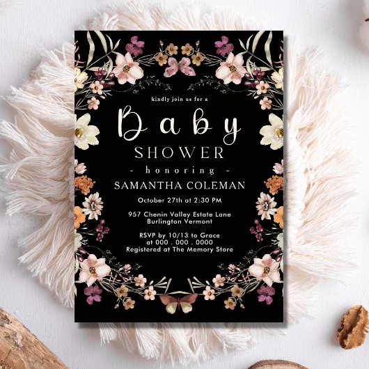 Modern Boho Pastel Wildflower Black Baby shower Kaart