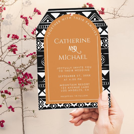 Modern Boho Pattern Photo Arch Oranje Wedding Kaart