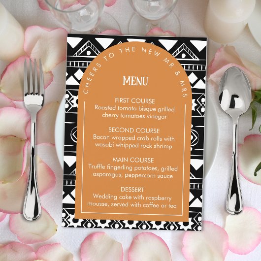Modern Boho Pattern Wedding Arch Burnt Sinaasappel Menu