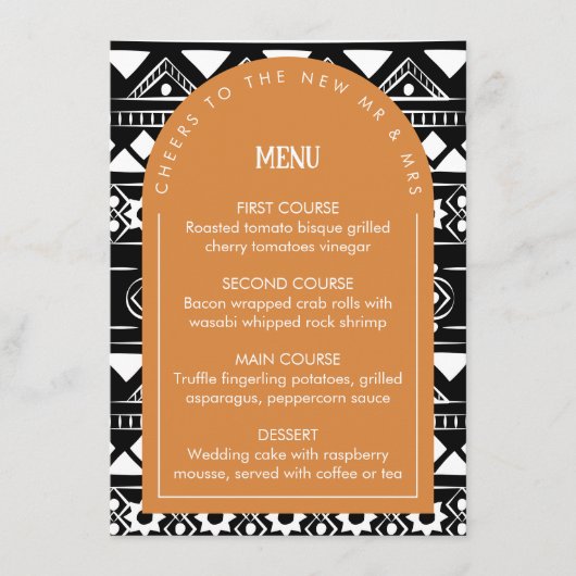 Modern Boho Pattern Wedding Arch Burnt Sinaasappel Menu (Voorkant)
