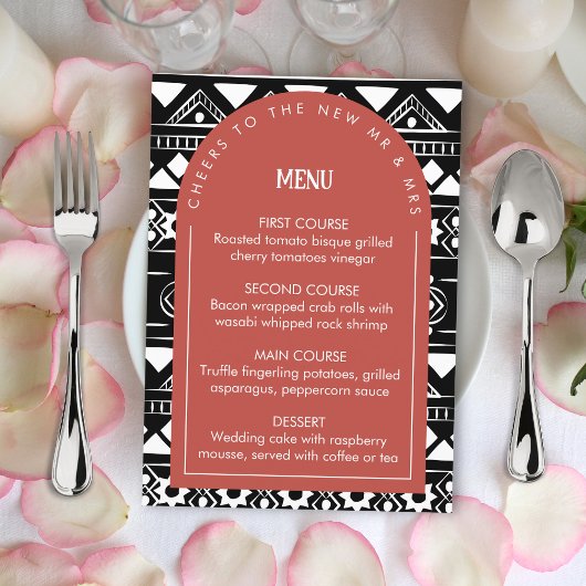 Modern Boho Pattern Wedding Arch Coral Menu