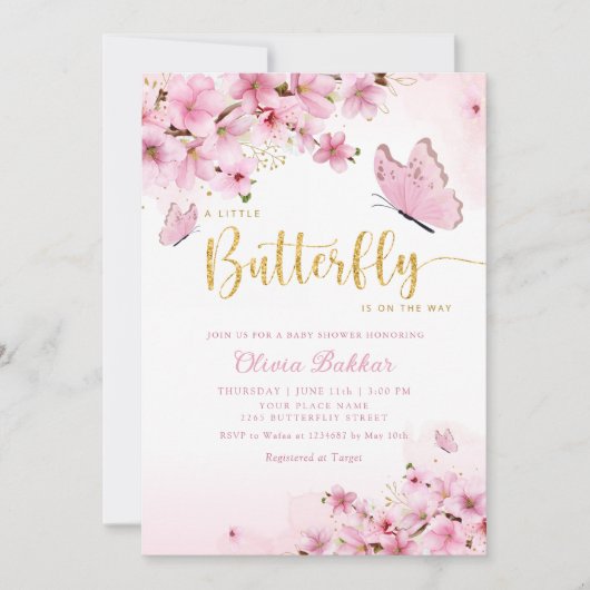 Modern Boho Pink Floral Butterfly Girl Baby shower Kaart (Voorkant)
