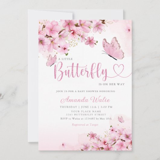 Modern Boho Pink Floral Butterfly Girl Baby shower Kaart (Voorkant)