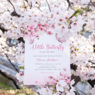 Modern Boho Pink Floral Butterfly Girl Baby shower Kaart