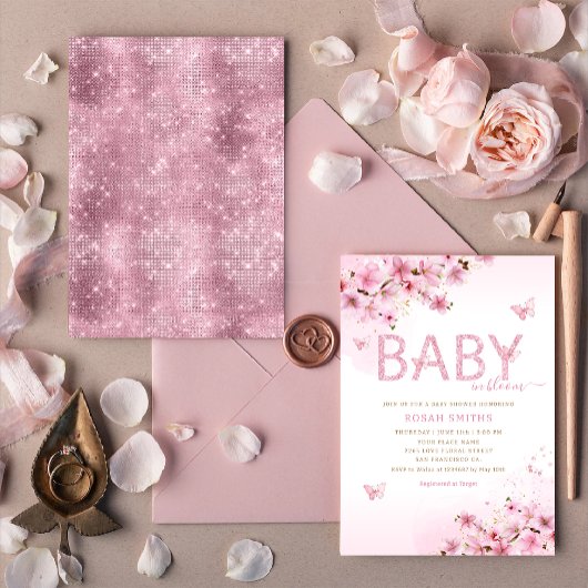 Modern Boho Pink Floral Butterfly Girl Baby shower Kaart