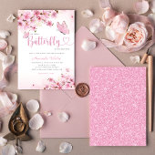 Modern Boho Pink Floral Butterfly Girl Baby shower Kaart