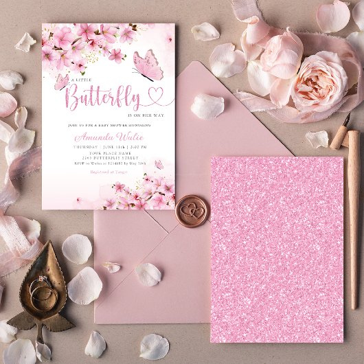 Modern Boho Pink Floral Butterfly Girl Baby shower Kaart