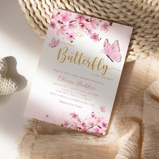 Modern Boho Pink Floral Butterfly Girl Baby shower Kaart