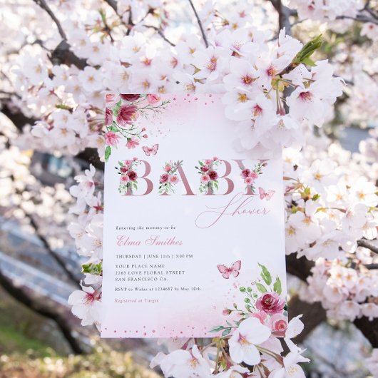 Modern Boho Pink Floral Butterfly Girl Baby shower Kaart