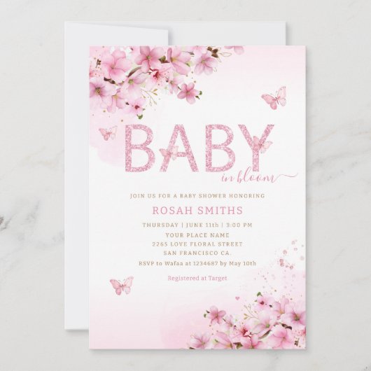 Modern Boho Pink Floral Butterfly Girl Baby shower Kaart (Voorkant)