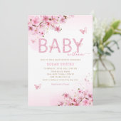 Modern Boho Pink Floral Butterfly Girl Baby shower Kaart (Staand voorkant)