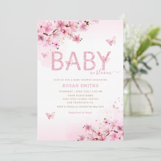 Modern Boho Pink Floral Butterfly Girl Baby shower Kaart (Staand voorkant)