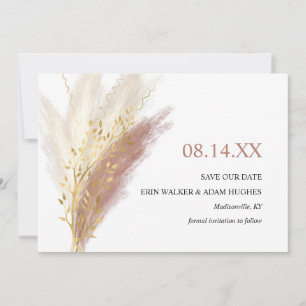 Modern Boho Pink Gold Pampas Grass  Save The Date
