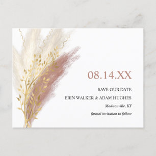 Modern Boho Pink Gold Pampas Grass Save the Date Aankondigingskaart