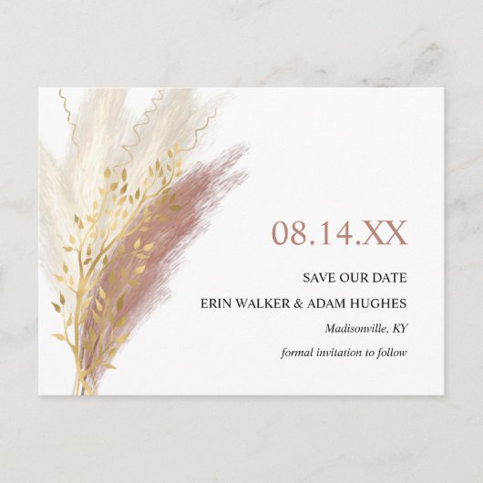 Modern Boho Pink Gold Pampas Grass Save the Date Aankondigingskaart (Voorkant)