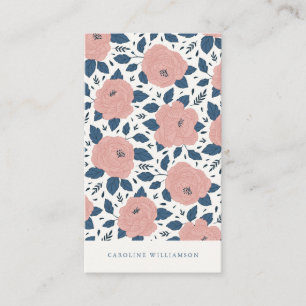 Modern Boho Pink Navy Blue Botanical Flowers Visitekaartje