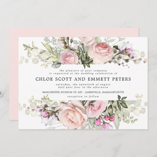 Modern Boho Pink Rose Floral Wedding Kaart (Voorkant / Achterkant)