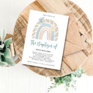 Modern Boho Rainbow Baptism Invitation Kaart