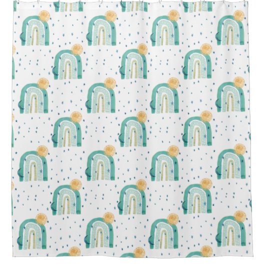 Modern Boho Rainbow Blauwgroen Blue Sun Moon Navy  Douchegordijn (Voorkant)