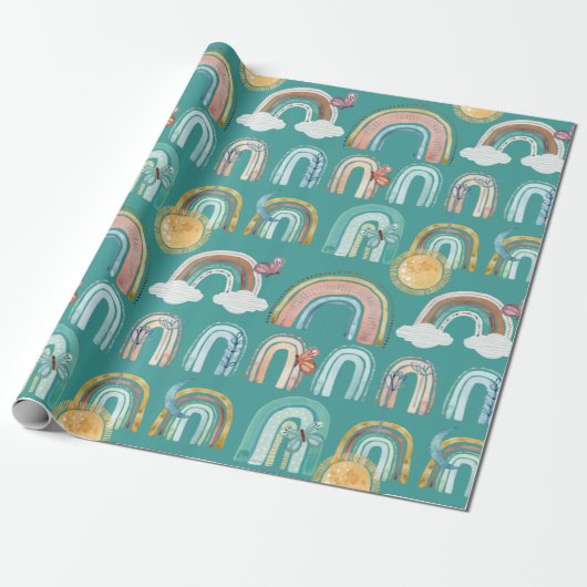 Modern Boho Rainbow Blauwgroen Terracotta Mustard Cadeaupapier (Uitgerold)