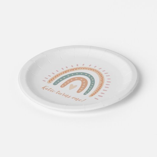 Modern Boho Rainbow Pastel First Birthday Papieren Bordje (Gekanteld)