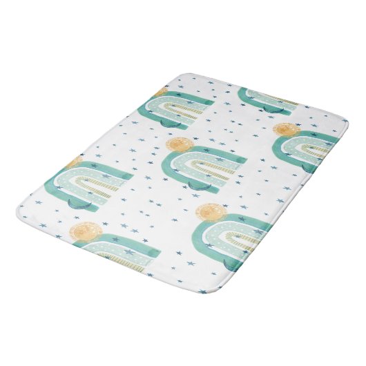 Modern Boho Rainbow Sun Moon Blauwgroen Blue Navy Badmat (Gekanteld)