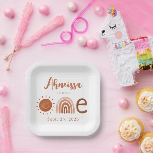 Modern Boho Rainbow Sunshine First Birthday Papieren Bordje (Feest)
