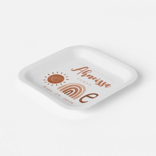 Modern Boho Rainbow Sunshine First Birthday Papieren Bordje (Gebogen)