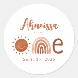 Modern Boho Rainbow Sunshine First Birthday Ronde Sticker