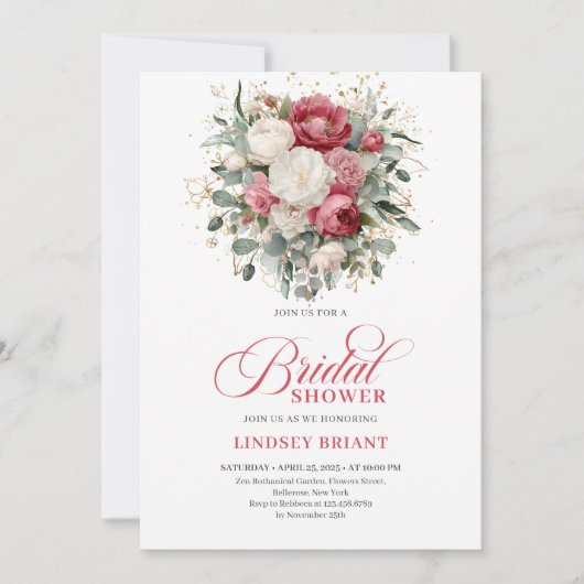 Modern Boho Red Blush Greenery Gold Bridal Shower Kaart (Voorkant)
