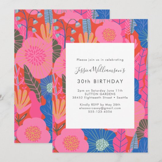 Modern Boho Red Floral 30th Birthday Party Kaart (Voorkant / Achterkant)