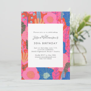 Modern Boho Red Floral 30th Birthday Party Kaart