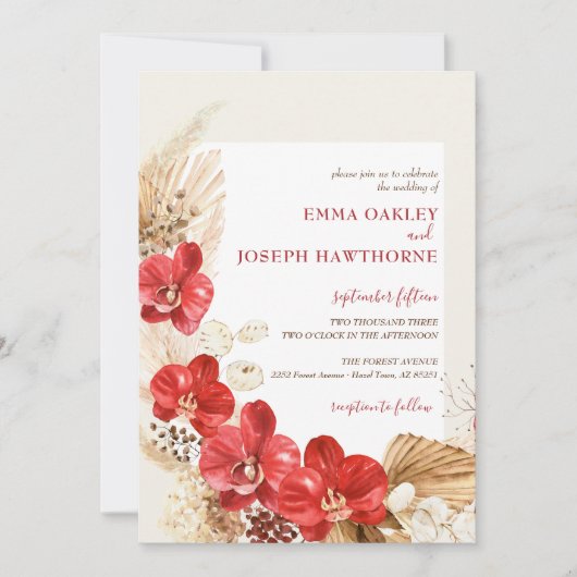 Modern boho red orchid herfst custom Wedding Invit Kaart (Voorkant)