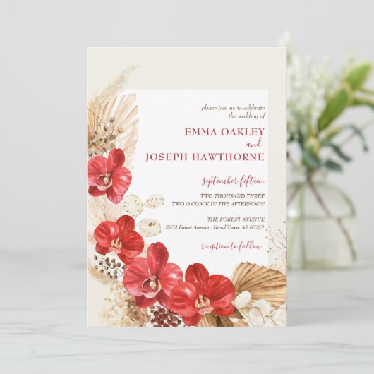 Modern boho red orchid herfst custom Wedding Invit Kaart (Staand voorkant)