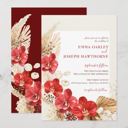 Modern boho red orchid herfst custom Wedding Invit Kaart (Voorkant / Achterkant)