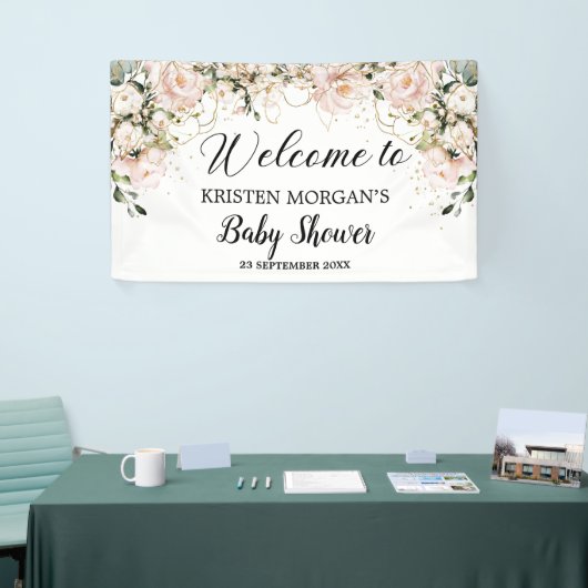 Modern Boho roze bloemengouden bladeren baby showe Spandoek (Beurs)