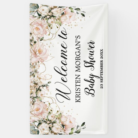 Modern Boho roze bloemengouden bladeren baby showe Spandoek (Verticaal)