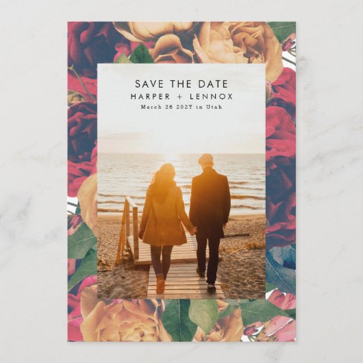 Modern Boho Rozen Editable Photo Save the Date (Voorkant)