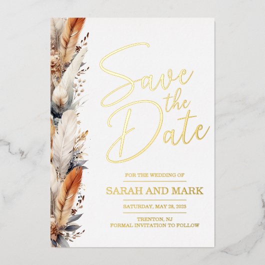 Modern Boho Save the Date met foto achterkant | Ec Folie Uitnodiging (Voorkant)