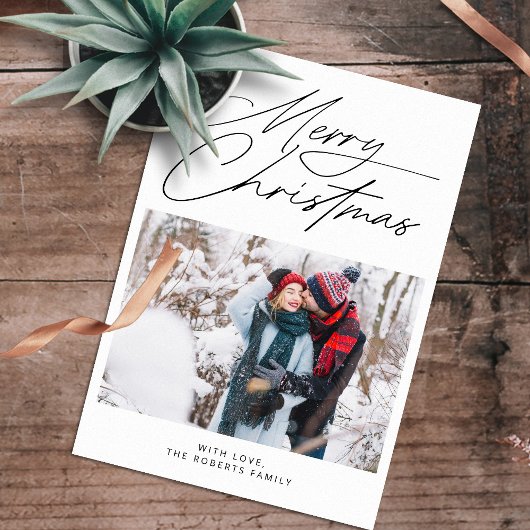 Modern Boho Script Familie Foto's Kerstmis Feestdagenkaart