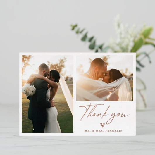 Modern Boho Script Weddenschap Foto bedankt Folie Uitnodiging (Staand Voorkant)