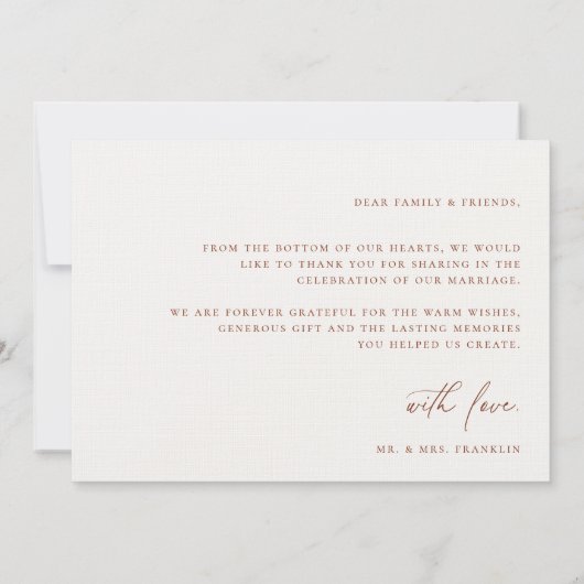 Modern Boho Script Weduwfoto Hartelijk dank Bedankkaart (Achterkant)