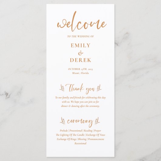 Modern Boho Sinaasappel Bloemen Huwelijksprogramma Menu (Voorkant)