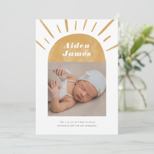 Modern Boho Sunshine in Mustard Birth Aankondiging (Staand voorkant)