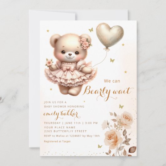 Modern Boho Teddy Bear Balloon Meisje Baby shower Kaart (Voorkant)