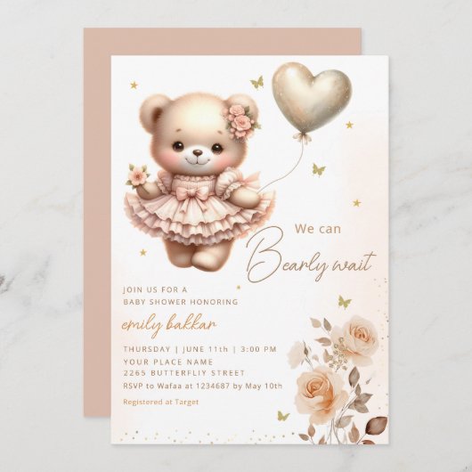 Modern Boho Teddy Bear Balloon Meisje Baby shower Kaart (Voorkant / Achterkant)