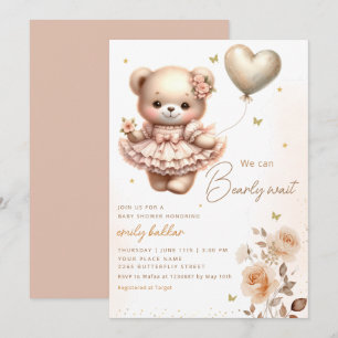 Modern Boho Teddy Bear Balloon Meisje Baby shower Kaart